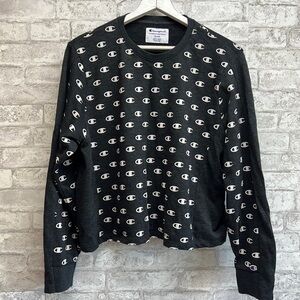 CHAMPION Sweatshirt‎ Womens XXL Crew Neck Cropped Logo Pullover Dark Grey